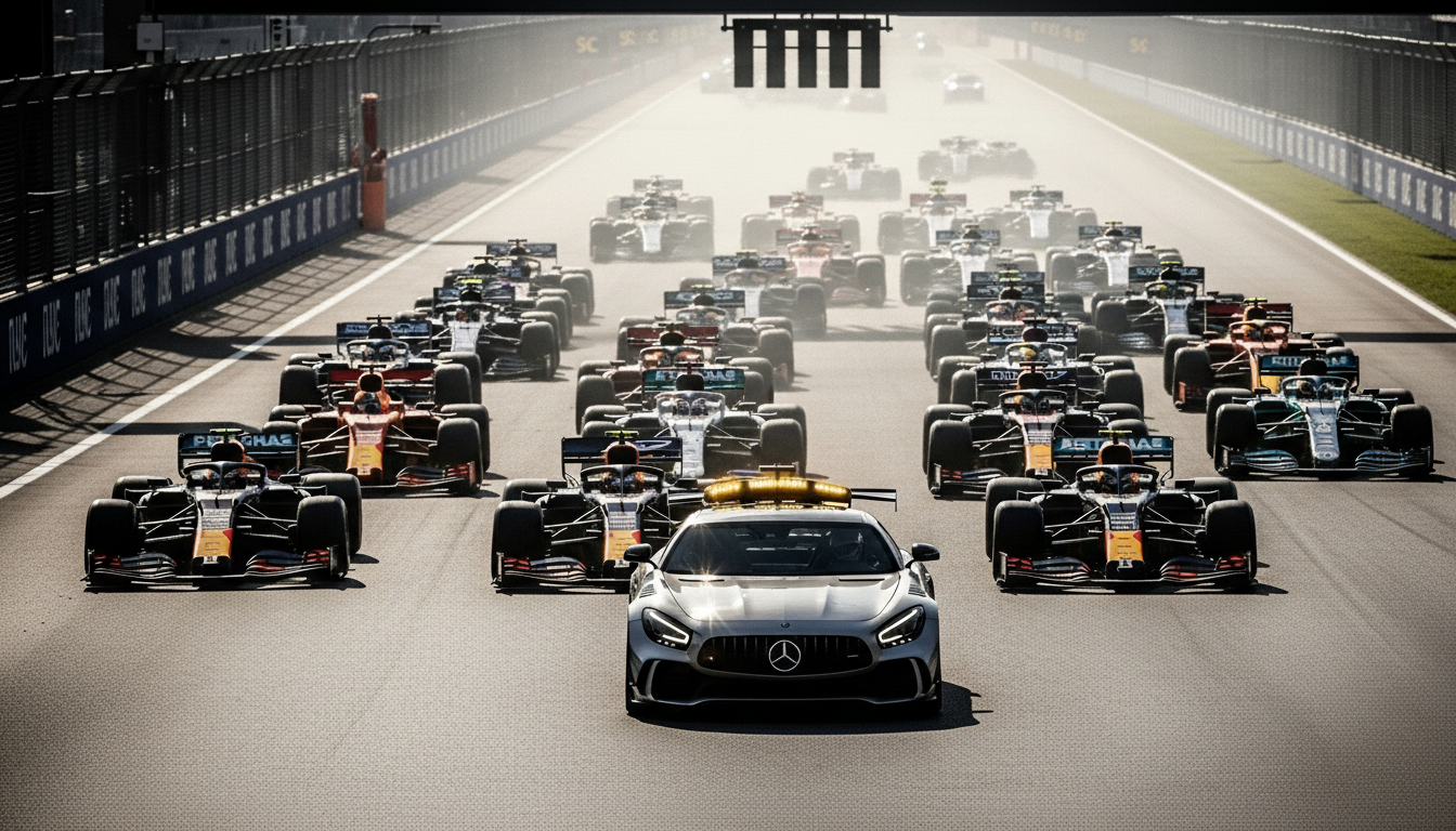 노란 경광등을 켠 세이프티카가 F1 경주차들의 선두에서 대열을 이끌고 있으며, 뒤따르는 차량들이 좁은 간격으로 줄지어 달리는 긴장감 넘치는 서킷의 모습