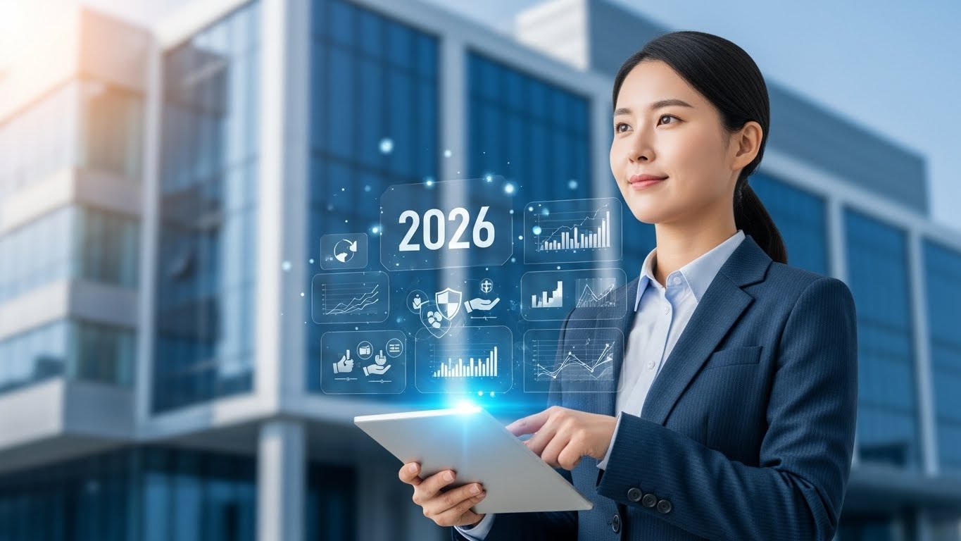 2026년 정부 지원금을 성공적으로 활용하는 중소기업 대표, 현대적인 배경에서 자신감 있는 모습