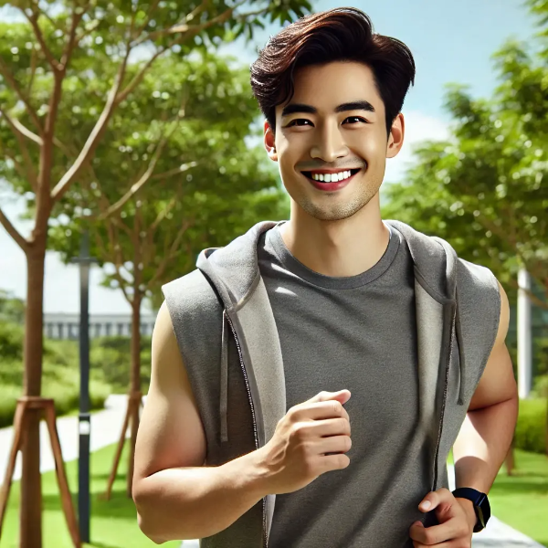 지방 감소를 위해 공원에서 꾸준히 조깅하는 동양인 남성