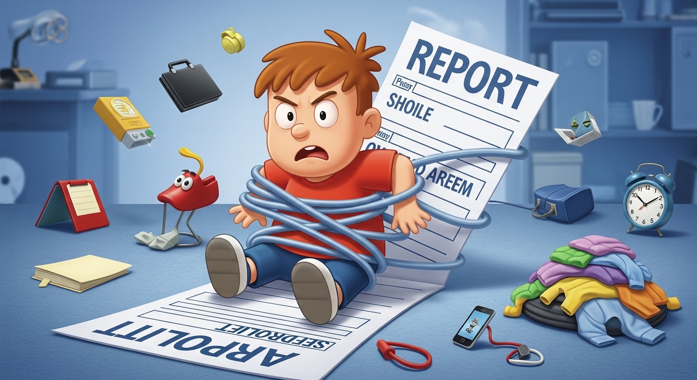 윔피 키드 주인공 그레그 헤플리가 일상 속 위험천만한 덫에 걸려 당황하는 모습, 성인의 현실 공감을 상징하는 유머러스한 일러스트