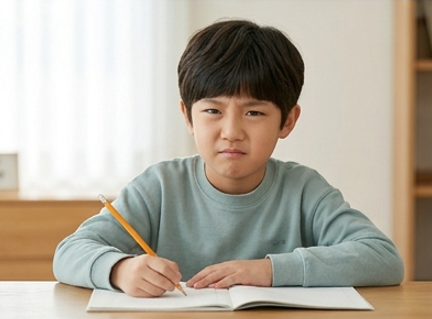 숙제를 하다 짜증 내는 초등학생 아들 모습