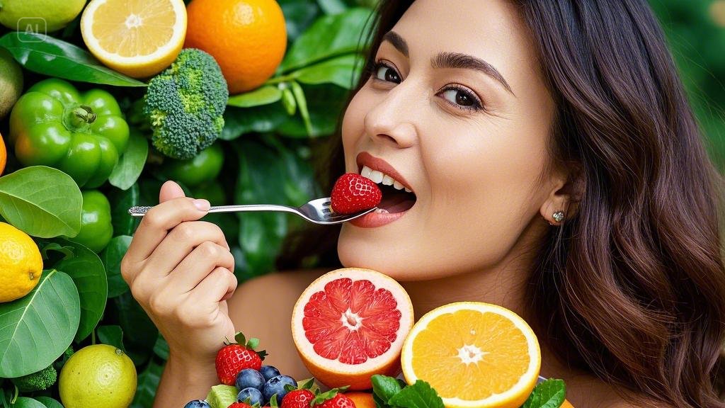 A woman is eating a strawberry.