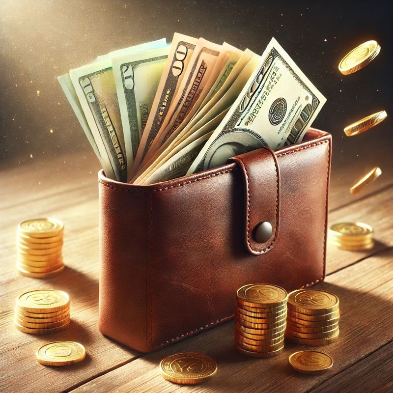 A realistic digital illustration of a wallet overflowing with cash and gold coins, 돈 많은 지갑