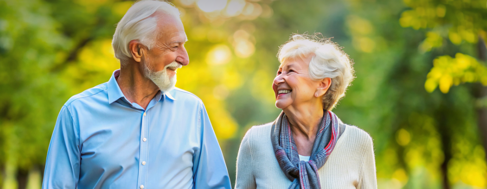 마주 보며 웃고 있는 노인 부부