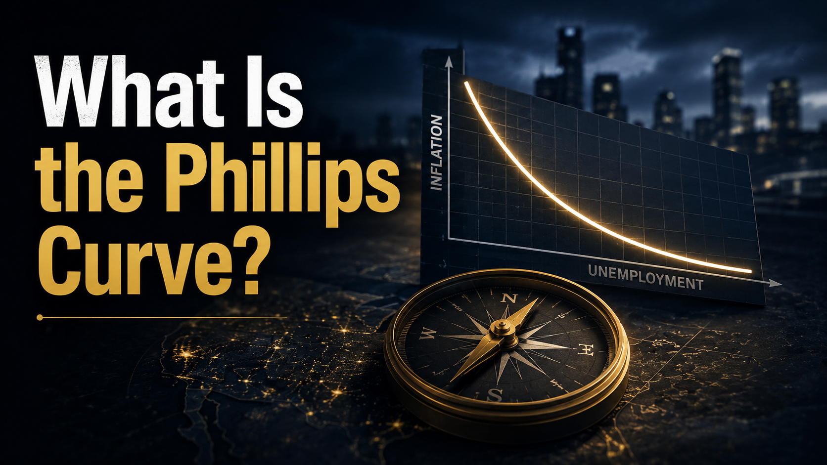 Cinematic illustration introducing the Phillips Curve with an inverse relationship between inflation and unemployment.