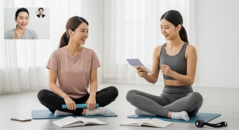 홈트하는 친구와 영상통화하며 같이 운동하는 여성