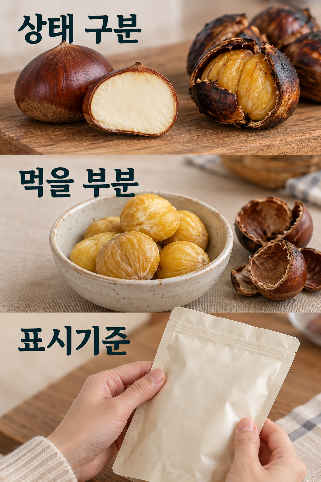 껍질과 과육을 구분하고 먹을 양을 덜어 두며 제품의 표시 기준을 확인하는 모습