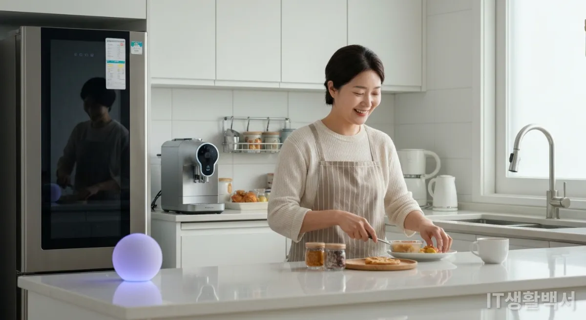 스마트 가전으로 편리하게 아침을 준비하는 한국 여성의 주방 모습