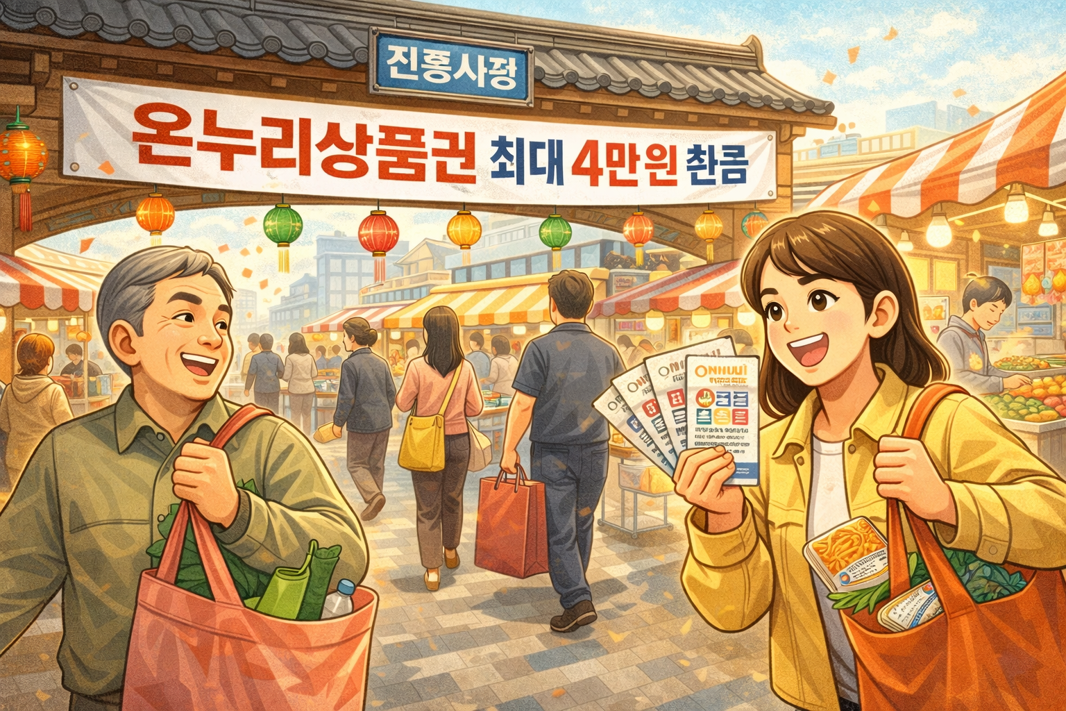 전통시장 입구에 '온누리상품권 최대 4만 원 환급' 현수막이 걸려 있고, 장바구니를 든 시민들이 오가는 활기찬 장면.