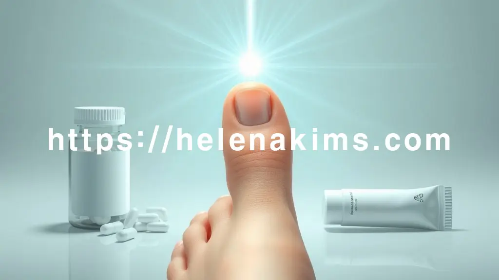 중심에는 건강하게 새롭게 자라나는 발톱의 모습이 있고, 그 주변으로 먹는 약(알약), 바르는 약(튜브형 연고)이 놓인 이미지.