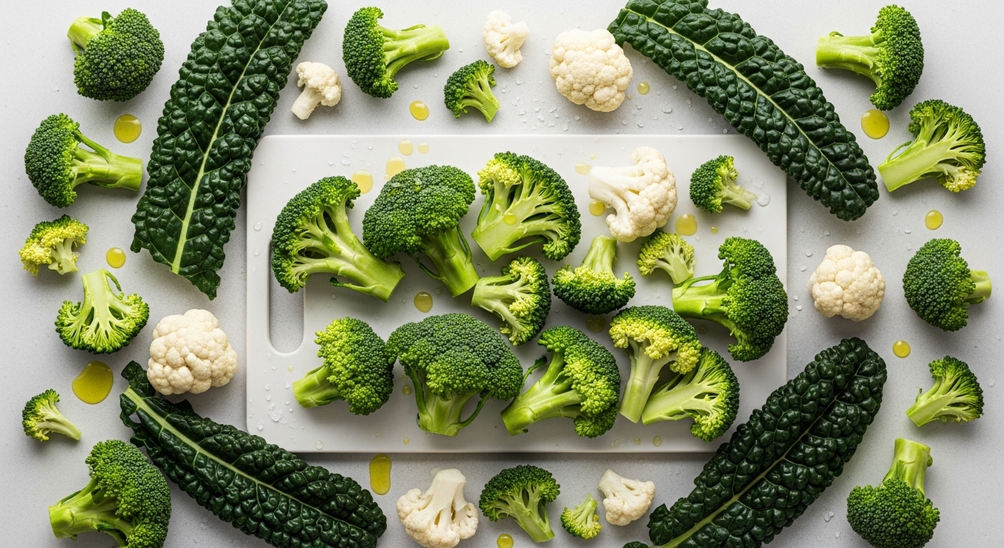 싱싱한 브로콜리, 케일, 콜리플라워 등 십자화과 채소가 깨끗한 도마 위에 놓여 있는 모습