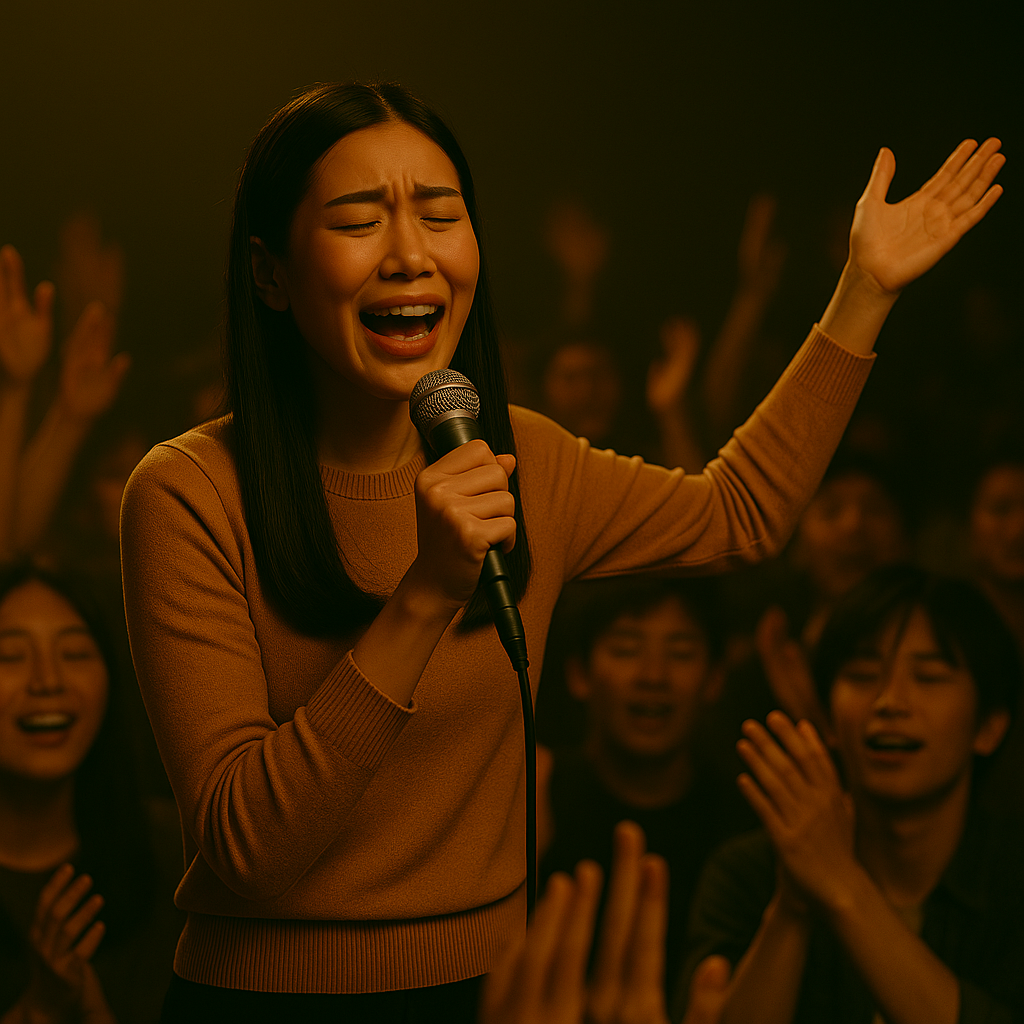 무대 위에서 관객과 함께 노래하는 감동적인 장면