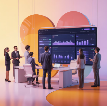 사람들이 큰 모니터화면의 대시보드를 다 같이보며 회의하는 모습 예시