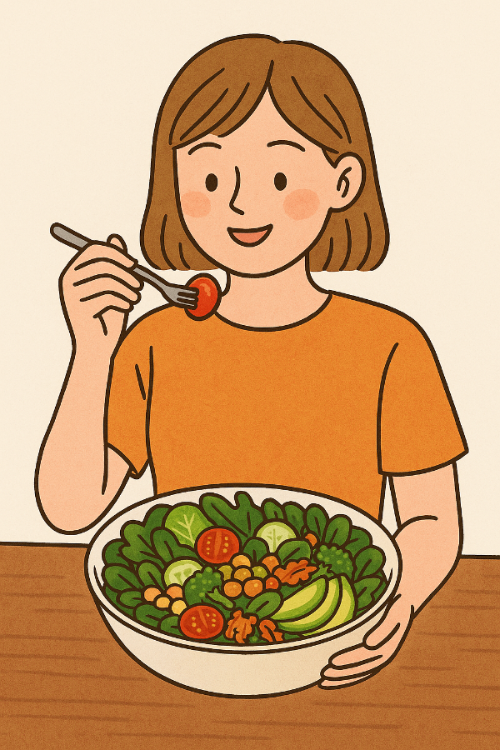 샐러드를 맛있게 먹는 여성