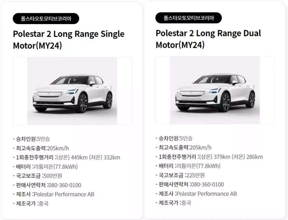 2024 폴스타 2는 이미 1회 충전 주행 거리 인증을 마쳤습니다(출처 : 무공해차 통합누리집).