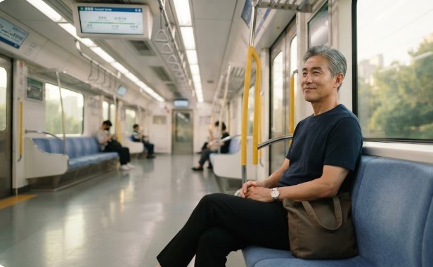 지하철을 이용해 당일치기 여행을 떠나는 남성