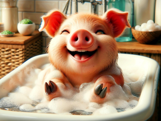 목욕탕에 돼지가 들어가있는 모습