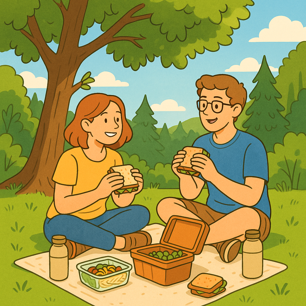 나무 그늘에서 도시락을 먹는 풍경