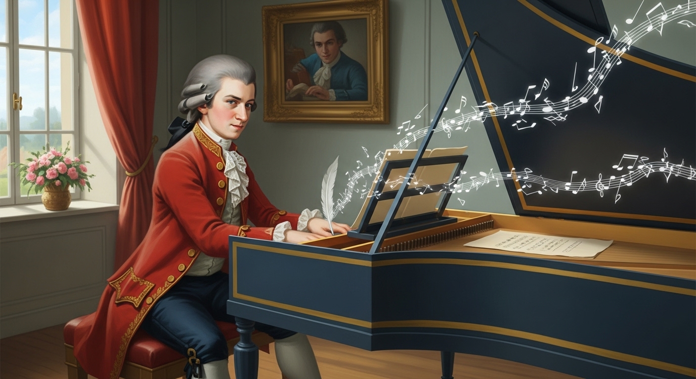 건반 앞에서 활기차게 작곡하는 젊은 모차르트. 악보가 종이 위로 자연스럽게 흘러나오는 모습으로 그의 천재성을 표현.