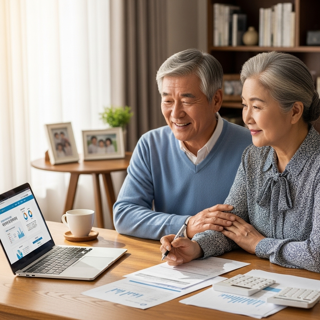 국민연금 추납 제도 변경에 대해 진지하게 논의하는 한국인 노년 부부