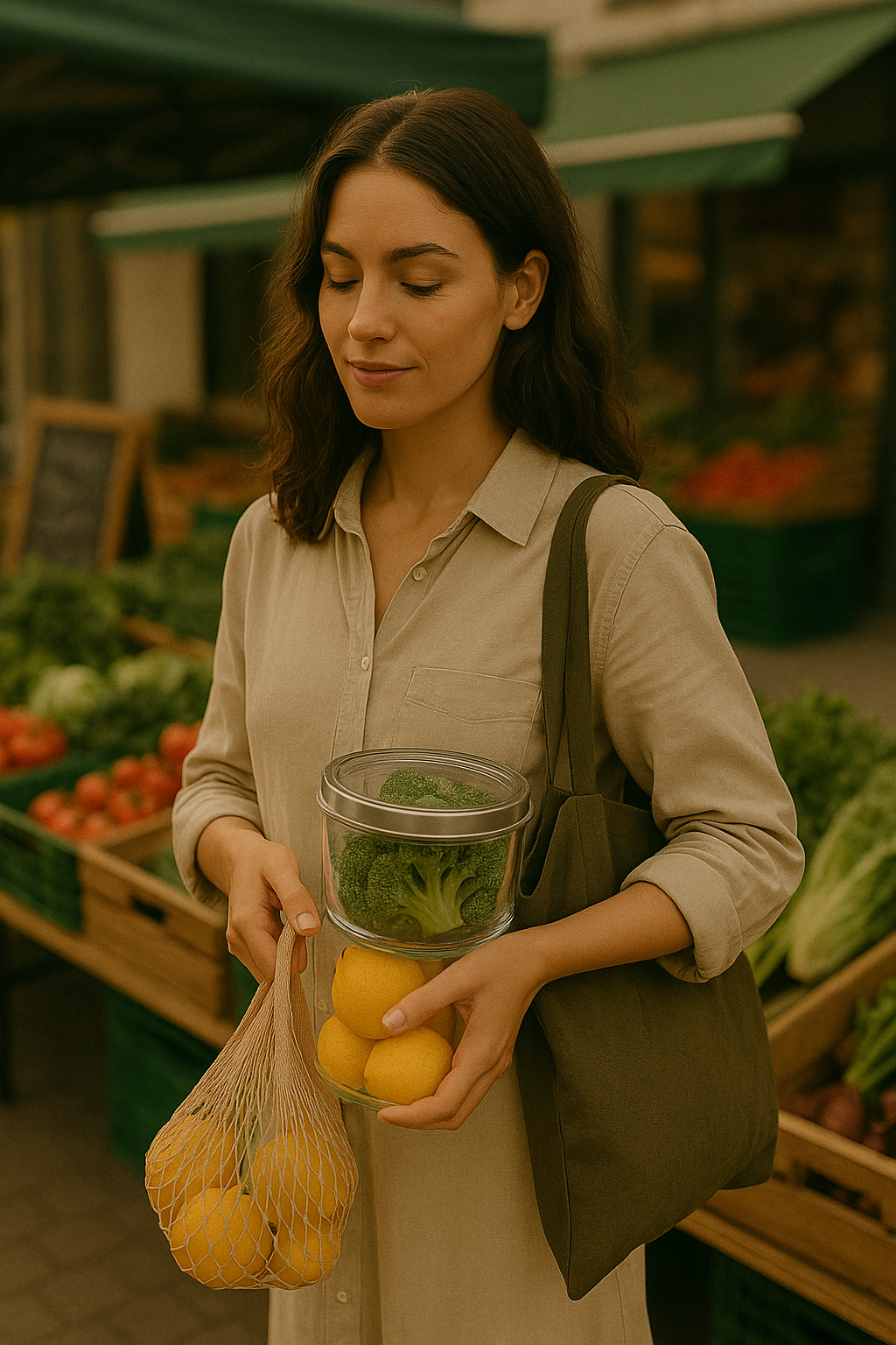 재사용 용기를 들고 장을 보는 여성