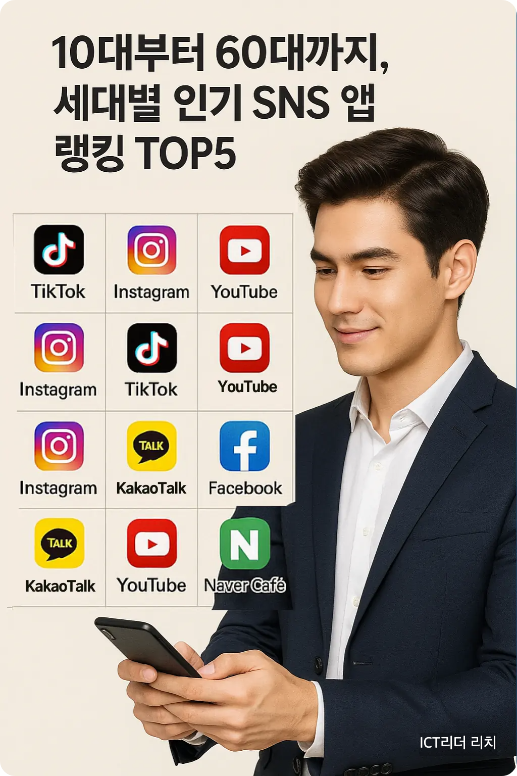 세련된 20대 남성이 스마트폰으로 SNS 앱 데이터를 분석하는 고화질 인포그래픽