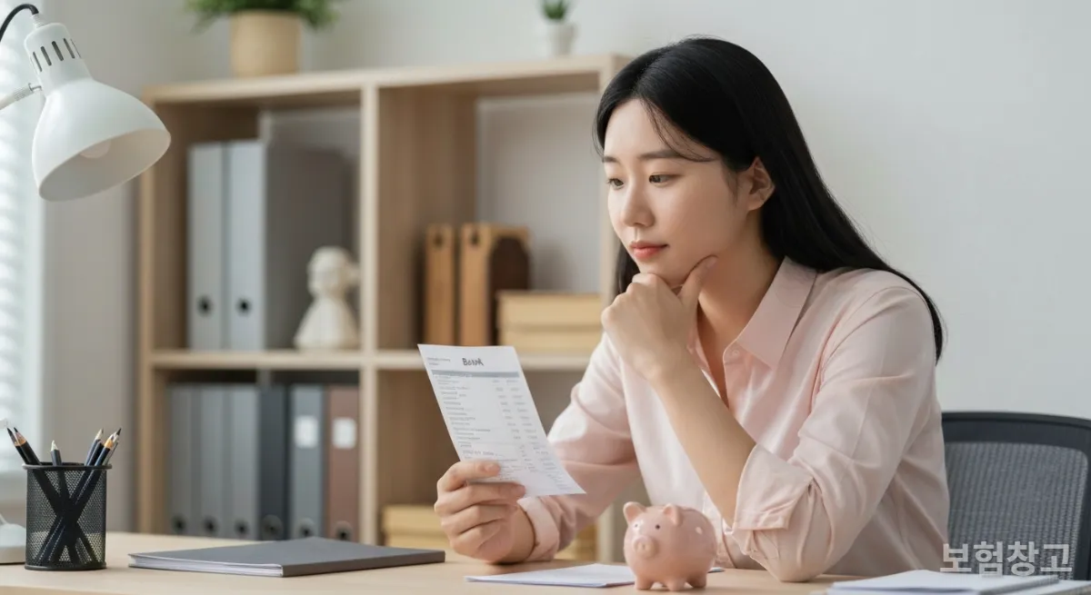 은행 명세서와 저금통을 보며 재정 계획을 세우는 한국인
