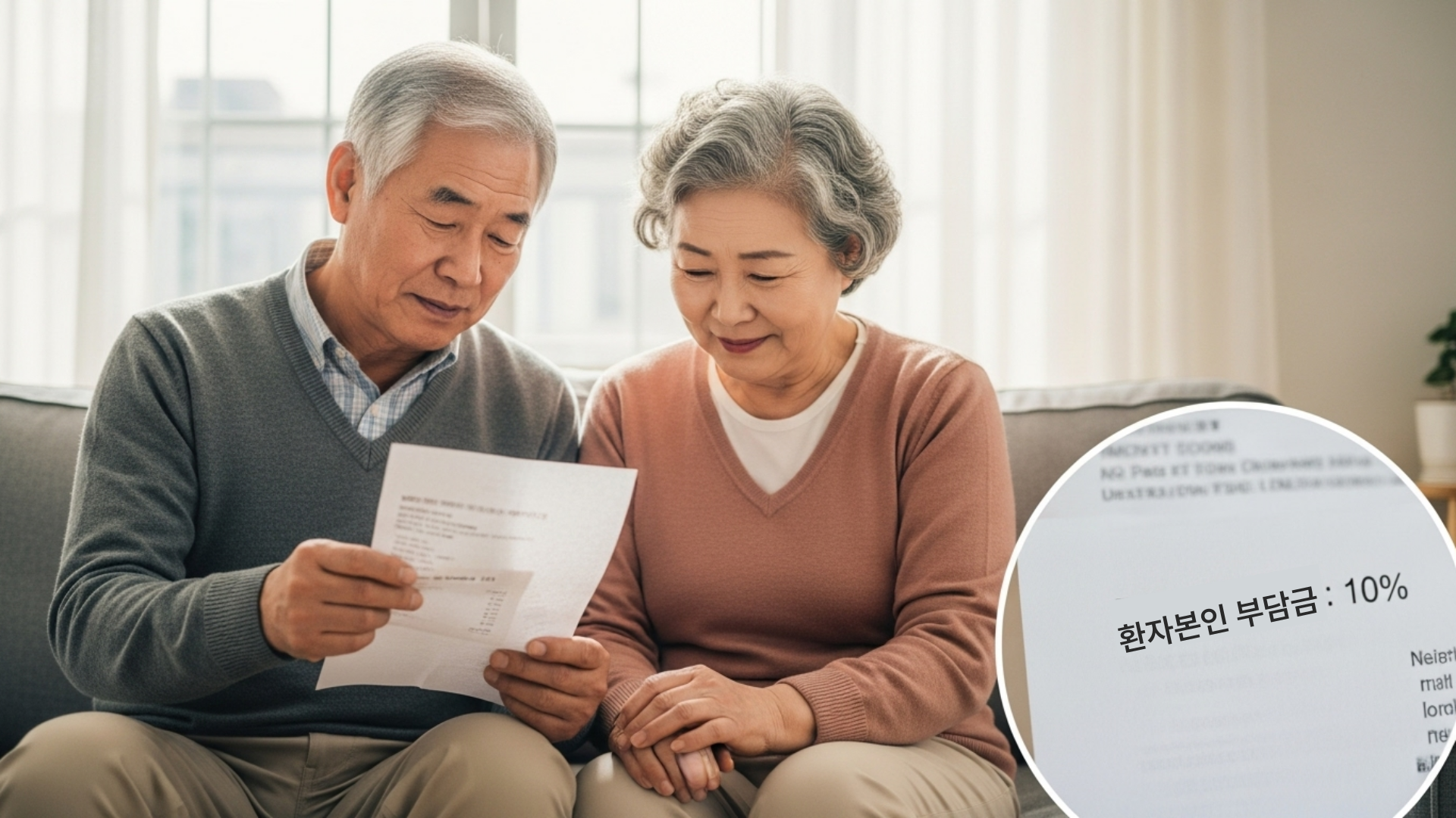산정특례 혜택으로 10%만 부과된 의료비 고지서를 보며 기뻐하는 노부부