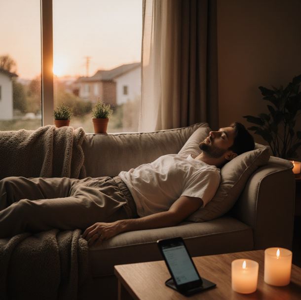 아늑한 거실 소파에서 편안한 홈웨어를 입고 몸은 대자로 펴고 편하게 누워 있는 모습