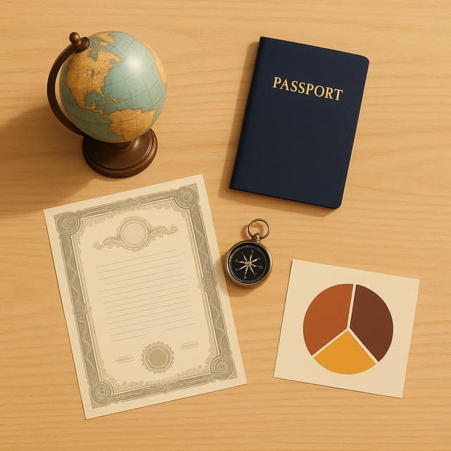 밝은 목재 책상 위에 지구본, 여권, 채권 증서 느낌의 종이, 작은 나침반과 파이차트가 놓인 정적인 탑뷰 이미지