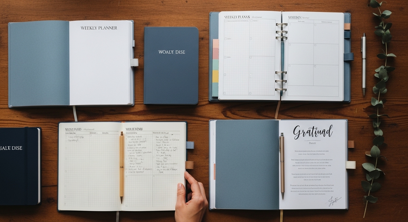 다양한 디자인과 기능의 다이어리들이 나무 테이블 위에 놓여 있고, 한 손이 다이어리 중 하나를 고르려는 모습. 다이어리 선택의 폭넓음을 시각적으로 보여줌.