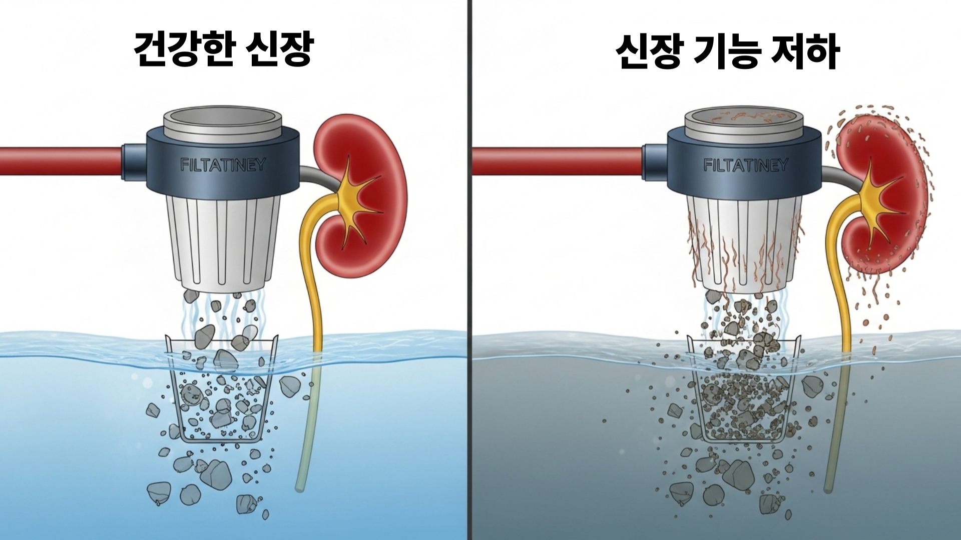 효율적으로 노폐물을 거르는 깨끗한 필터와 노폐물이 쌓여 막힌 필터를 나란히 비교한 그림