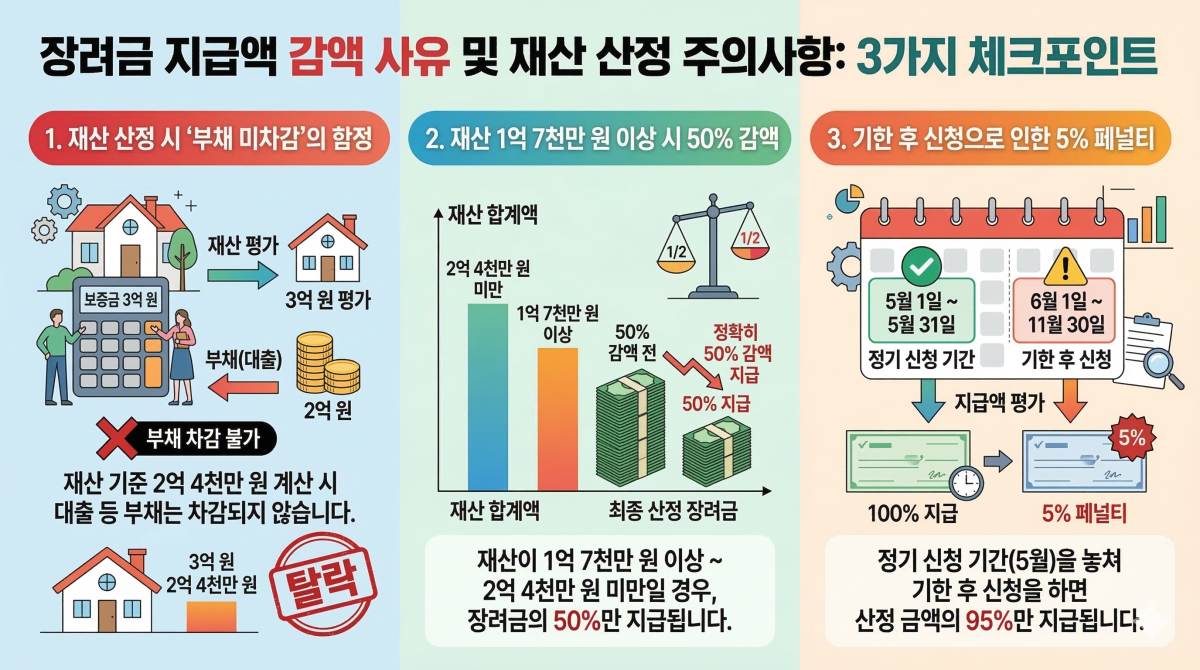 장려금 감액 사유 및 재산 산정 주의사항 인포그래픽