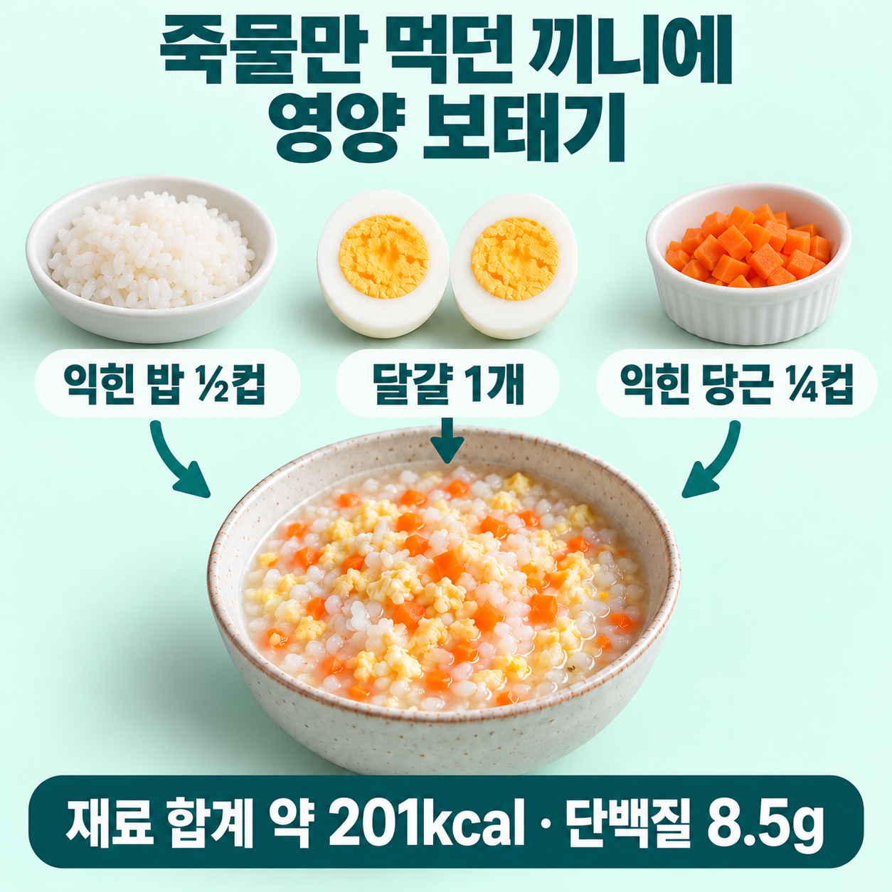 밥알·달걀·익힌 당근으로 작은 끼니; 밥: 익힌 밥½컵; 달걀: 완전히 익힌1개; 당근: 익힌 당근¼컵; 재료 합계: 약201kcal·단백질8.5g; 추가 재료 제외