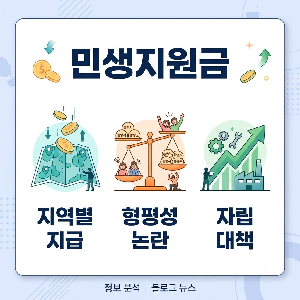 민생지원금의 3대 핵심 쟁점(지역별 지급, 형평성 논란, 자립 대책)을 정리한 정사각형 인포그래픽 카드뉴스