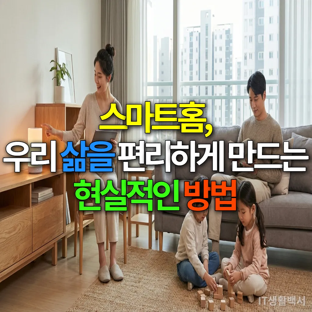 스마트홈으로 더욱 편리하고 행복해진 한국인 가족의 거실 모습