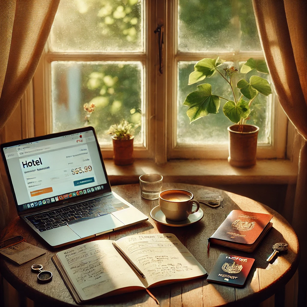 회원가입 없이 아고다에서 숙소를 예약하는 감성적인 여행 준비 장면, 창가 테이블 위의 노트북과 커피잔, 여권, 여행 메모가 놓인 모습