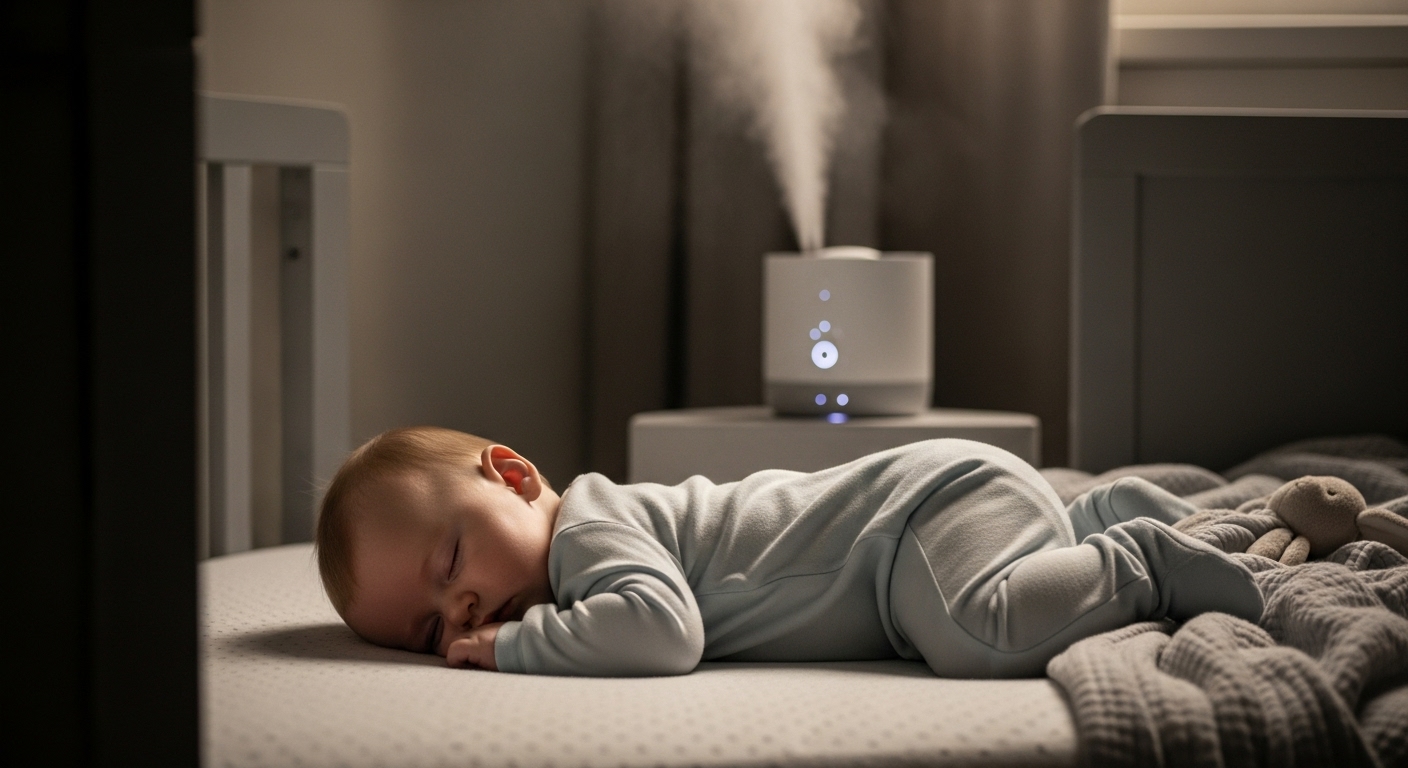 가습기가 있는 방에서 편안하게 잠든 아기의 모습.