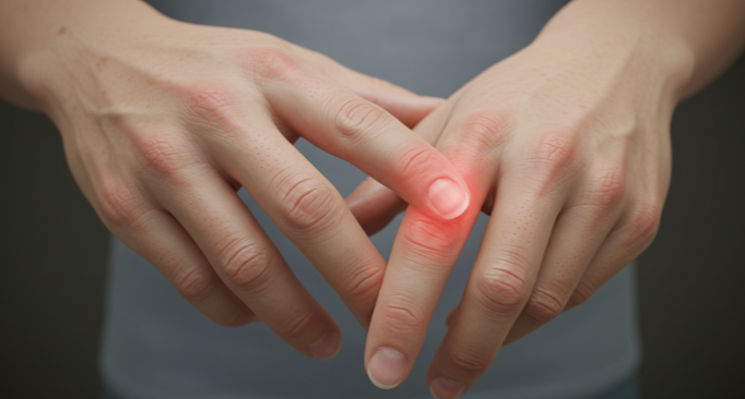 손가락 관절염 증상을 보여주는 손 사진