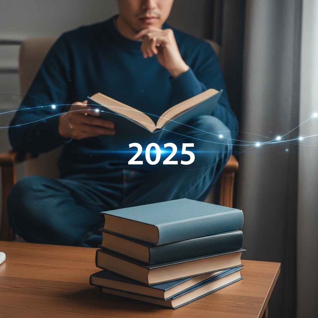 2025년, 편안한 서재에서 깊은 생각에 잠겨 책을 읽는 사람. 주변에 쌓인 책들과 은은한 미래 기술 요소들이 어우러져 인생을 바꾼 독서의 가치를 상징합니다.