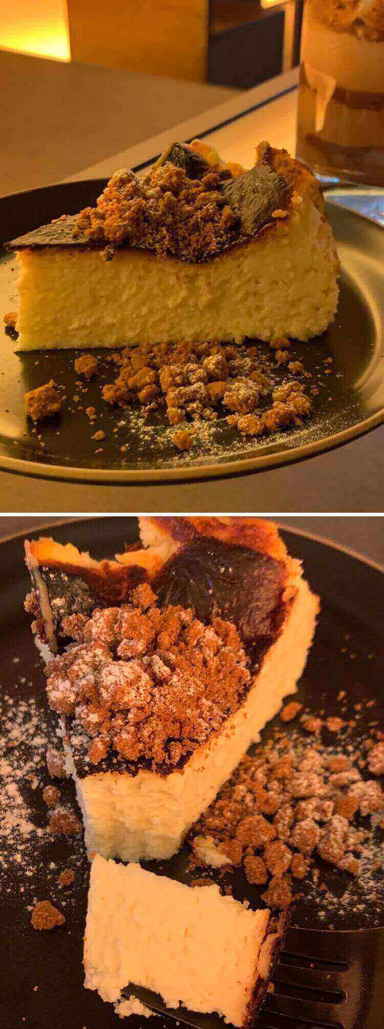 바스크치즈케이크 단면 및 과자 가루