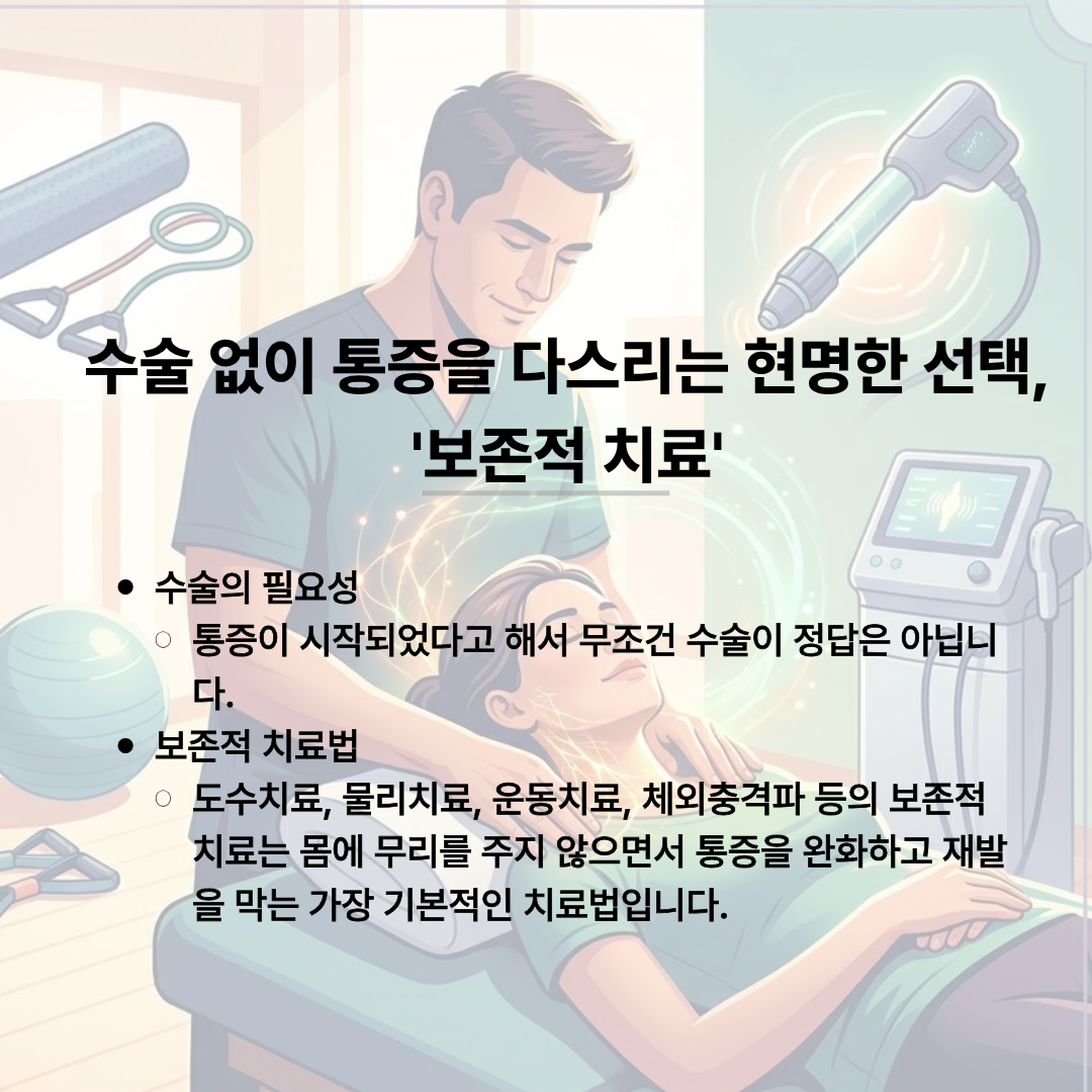 물리치료사가 환자의 목을 치료하고 있는 일러스트레이션과 체외충격파 기기 배경. 이미지 텍스트: "수술 없이 통증을 다스리는 현명한 선택, '보존적 치료'. 수술의 필요성: 통증이 시작되었다고 해서 무조건 수술이 정답은 아닙니다. 보존적 치료법: 도수치료, 물리치료, 운동치료, 체외충격파 등의 보존적 치료는 몸에 무리를 주지 않으면서 통증을 완화하고 재발을 막는 가장 기본적인 치료법입니다."