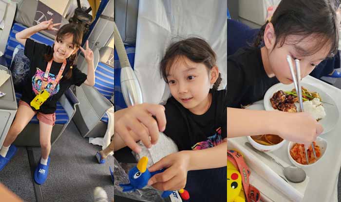 LOT항공의 비지니스 좌석, 비행중 인형놀이, 맛있는 기내식 먹는 아미