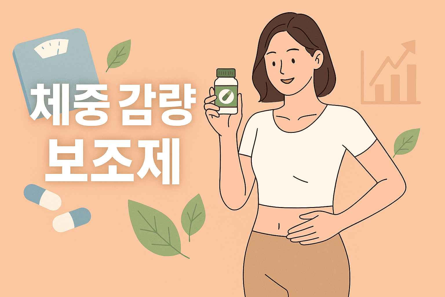 체중감량-보조제-슬림여성-복부터치-약병-그래프상승-건강다이어트-체중계-복부관리-밝은분위기