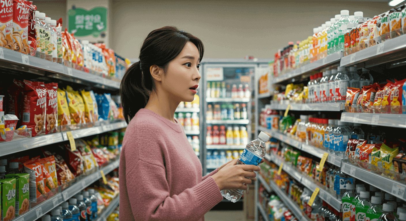 생수 가격을 보고 놀라는 젊은 여성