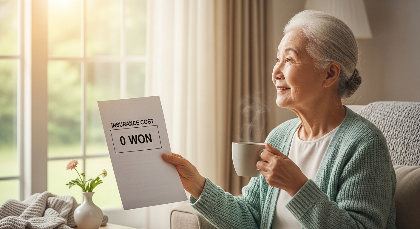 0원이라고 적힌 건강보험료 영수증을 보고 환하게 웃으며 커피를 마시는 은퇴자의 여유로운 모습
