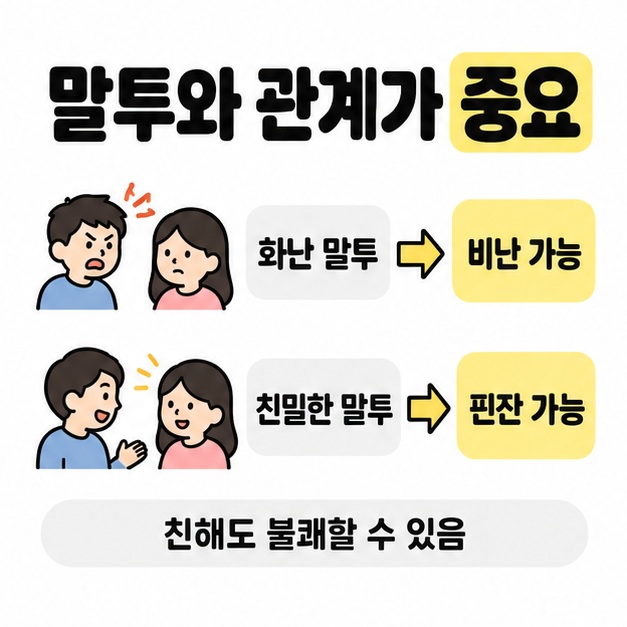 화난 말투의 비난과 친밀한 말투의 핀잔을 비교하며 친한 사이에도 불쾌할 수 있음을 안내한 대화 그림