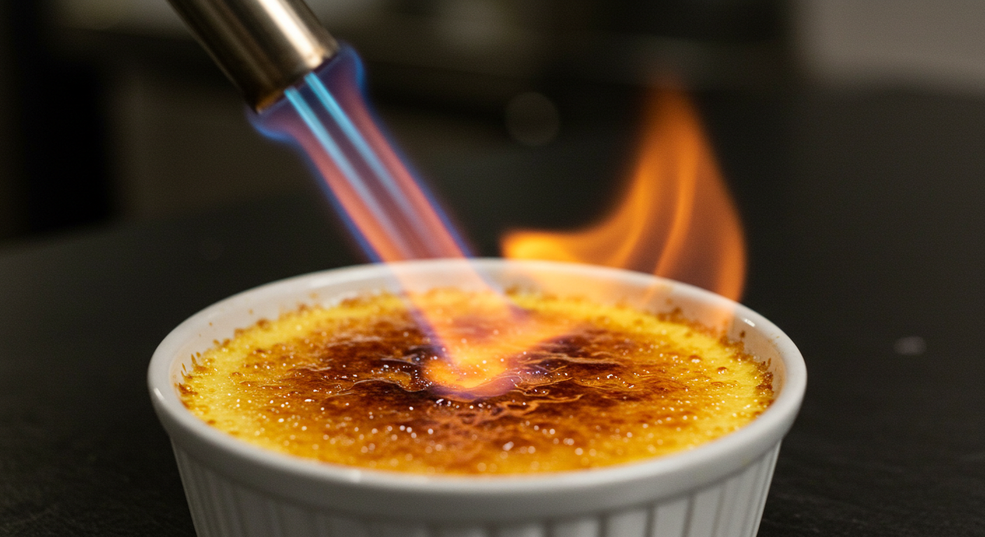 토치로 크렘브륄레 윗면을 캐러멜라이징하는 순간