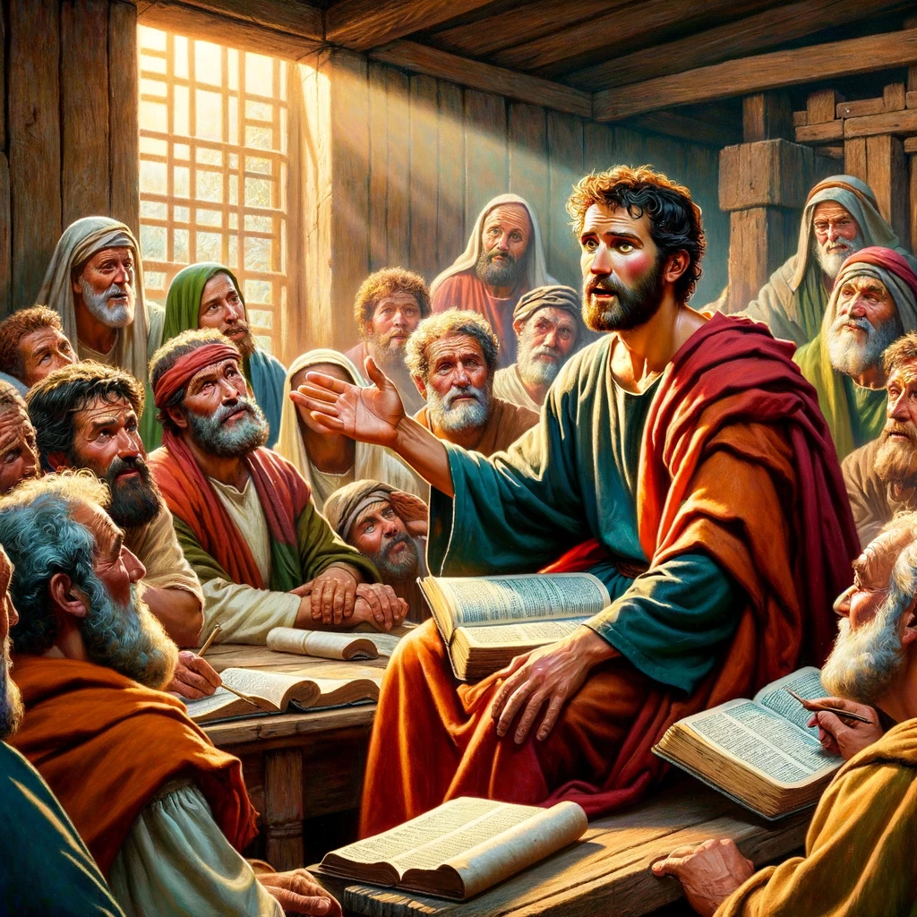 믿음 안의 확신 있는 삶을 살아가며 주를 따르는 자들에게 믿음을 강화하고 격려하는 바울의 삶, Here is the image depicting the Apostle Paul in a moment of teaching and fellowship, surrounded by early Christians. These scenes reflect his life of living confidently in faith and his role in strengthening and encouraging the faith of others.