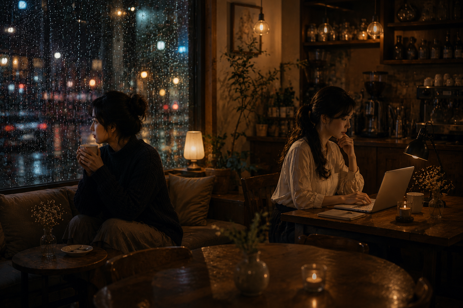 비 오는 밤 《쉼표의 카페》 안에서 푸름은 창가에 앉아 빗소리를 들으며 사색하고 있고, 쉼표는 따뜻한 조명 아래 노트북으로 글을 쓰고 있는 감성 카페 일러스트.

이미지 설명문